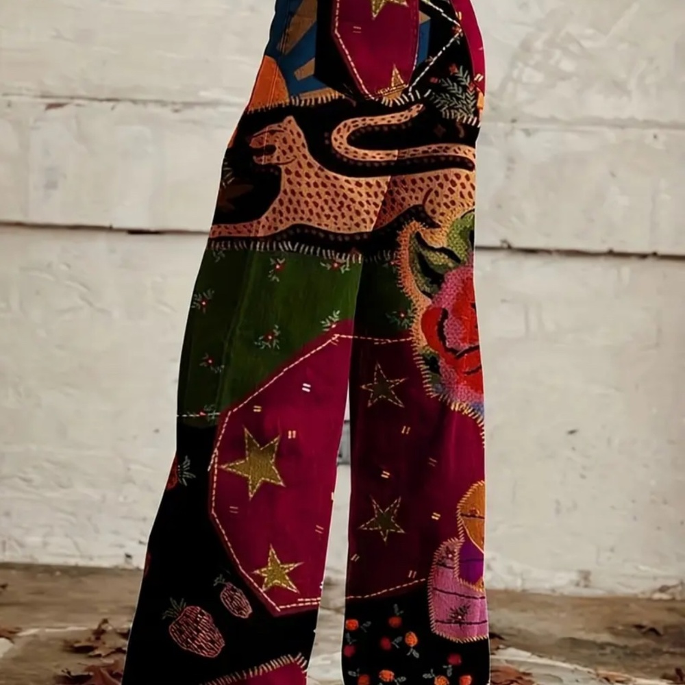 Women’s Vintage Gallery Print Wide Leg Pants | Boho Artistic Statement Trousers